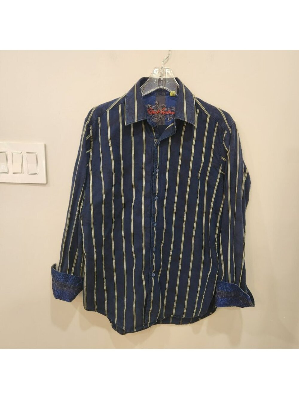Robert Graham Long Sleeve Shirt Mens Medium Blue Paisley Striped Flip Cuff